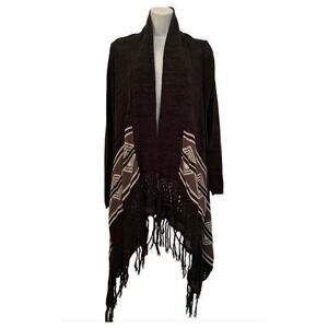 BILLABONG brown tribal Aztec print crochet hem cardigan festival boho sz S